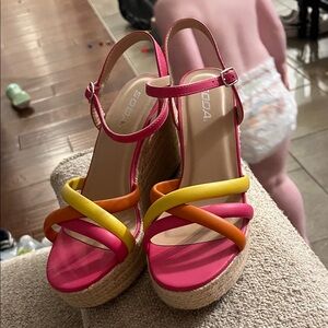 Soda Pink, Yellow & Orange Multi-Strap Platform Wedges
